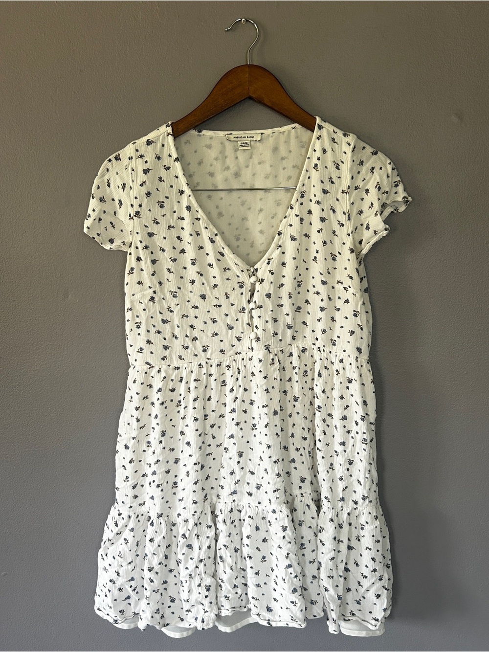 American Eagle White Blue Floral Babydoll Mini Dress Size Small Boho Cottagecore